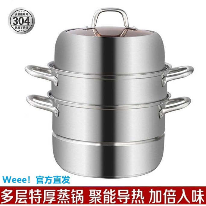 【美国直邮】304不锈钢蒸锅 3层煮炖蒸锅家用蒸鱼蒸包子高品质 厨房蒸锅 带手柄用于蒸玉米粉蒸肉、蔬菜、蒸包子、馒头、意大利面和饺子 -28CM