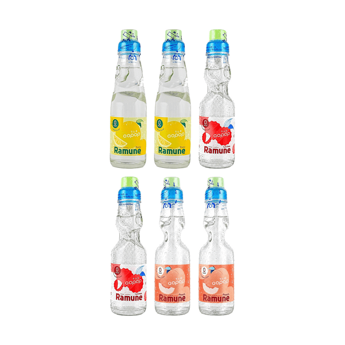 Ramune Marble Soda, Yuzu Flavor+Lychee Flavor+Peach Flavor, 6.76 fl oz*6【3 Flavors 6 Combo Packs】【0 Sugar 0 Fat】