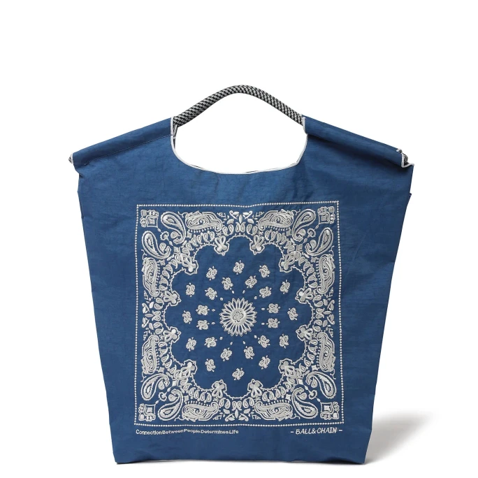 Ball Chain Embroidered Reusable Bag blue Cashew Flower Medium