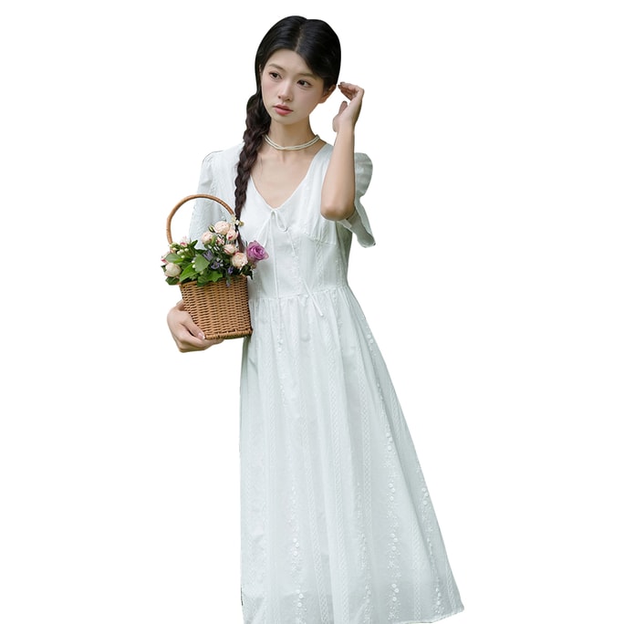 New French V Neck Pure White Moonlight Embroidered Dress First Love White M