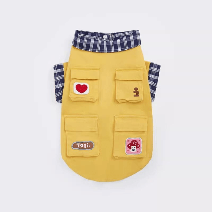 【中国直邮】 Tagi 《蘑菇哈哈》宠物格纹拼接刺绣西高地工装外套猎狐梗夹克黄色 XXL(13-15KG)