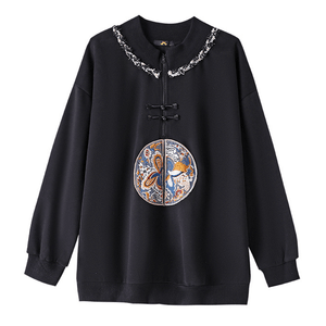 中国 ASIS 新しい中国風国民風春と秋の大きいサイズのルーズ長袖ボタンセーター刺繍トップ - ブラック 2XL