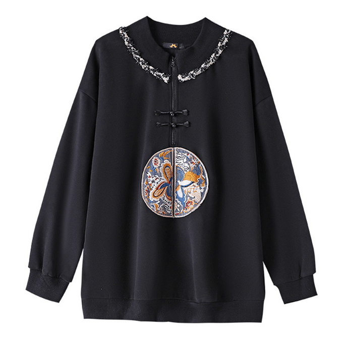 中國 ASIS新中式國風春秋款大尺碼寬鬆長袖盤扣衛衣刺繡上衣-黑色 2XL