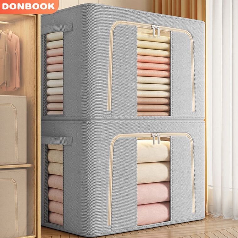 Omeister 収納ボックス 2個パック 72L 折りたたみ式オーガナイザーボックス、アップグレードされたステンレススチール製ブラケット付き。寝具、衣類、季節ごとの収納に最適です。[整理整頓好きのマストアイテム！超頑丈な収納ボックスで、季節外れの衣類もしっかり収納できます。] 4