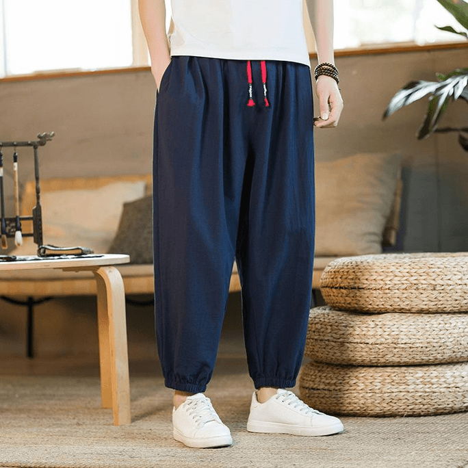 【中国からの直送】ASISスタイル コットン＆リネン ゆったり ハーレムパンツ 袖口付き - ネイビーブルー M