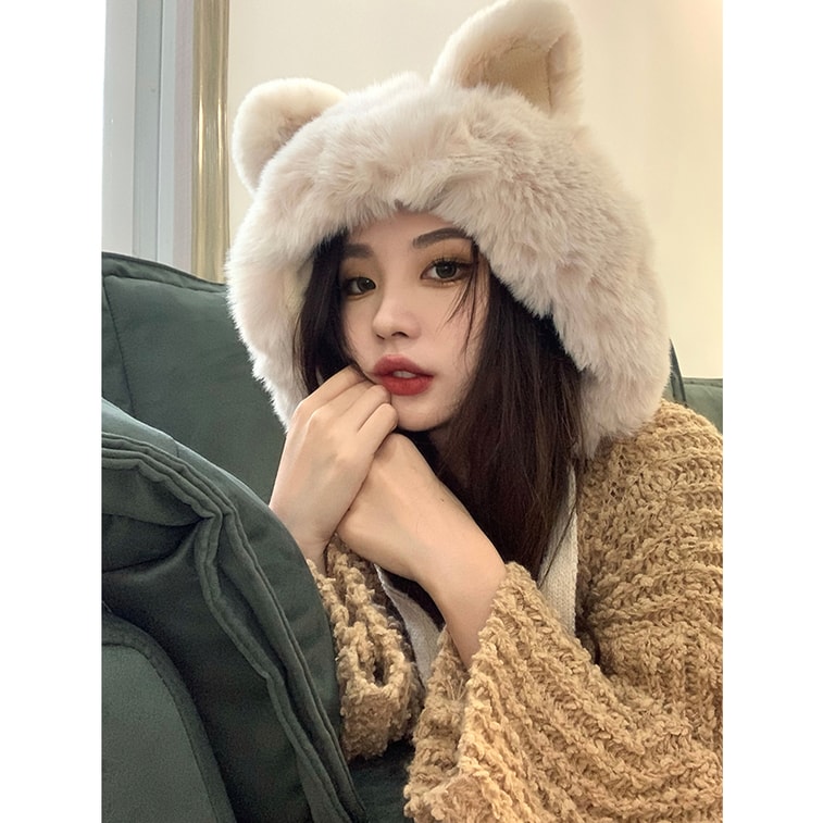 New Sweet And Cute Fox Ear Plush Strap Ear Protector Wool Hat Pink F 4