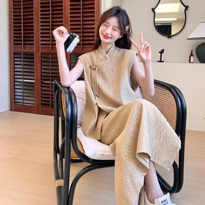 New Chinese Style Improved Cheongsam Tassel Buckle Two-Piece Set In Khaki Color XS