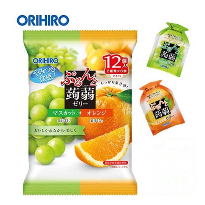 【日本直郵】ORIHIRO 低卡 蒟蒻果汁果凍 即食方便 青提+蜜柑 雙拼 12枚裝