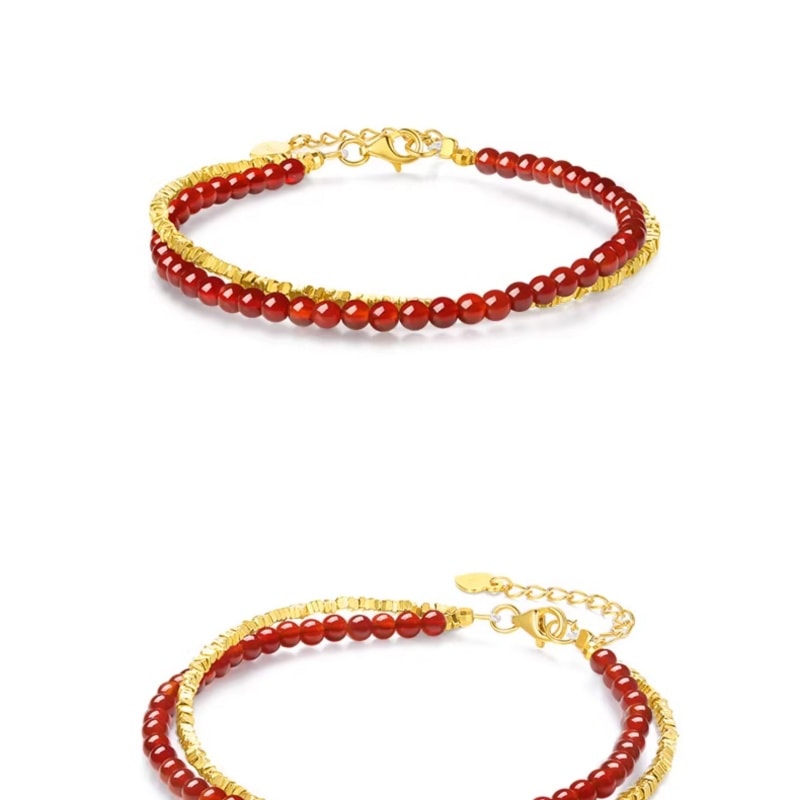 【中国直邮】 周大生 福运双织碎银子手链纯银女小众红玛瑙手串生日礼物送女友  手链一条装岁岁平安