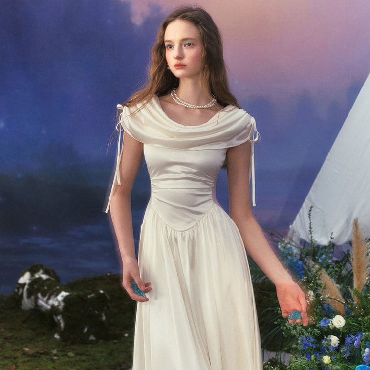 French Palace Design White Dress Slouch Neck Dress High-end White XL Size 4