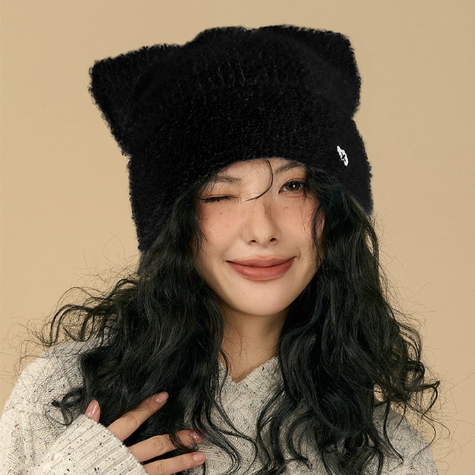 New Cute Loose And Warm Cat Ear Knitted Hat With Ear Protection Black