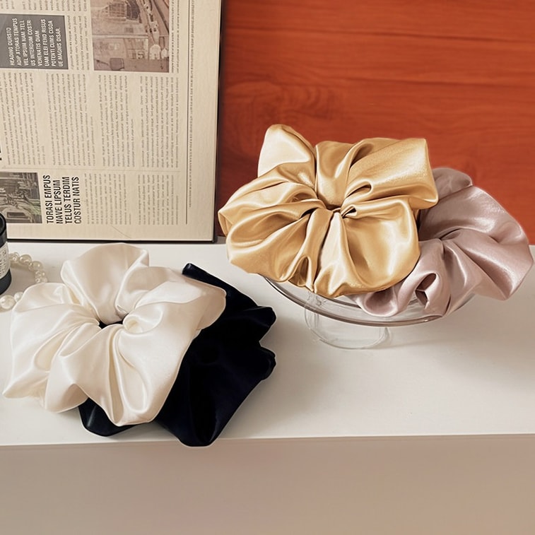 Zhao Lusi Style. Korean Oversized Deep Purple Satin Scrunchie, Single Piece. Soft Silk Fabric, Handcrafted. Smooth, Shiny, Adds Volume, Slims Face. High Elasticity. Daily Wear, Gentle, Premium. 4