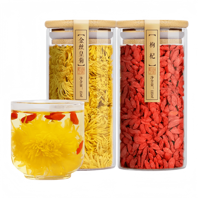 Foetal Chrysanthemum, Large Chrysanthemum, Goji Chrysanthemum Tea Combo For Brewing, Not Premium (Selected Golden Silk Imperial Chrysanthemum 1 Jar, Goji 1 Jar)