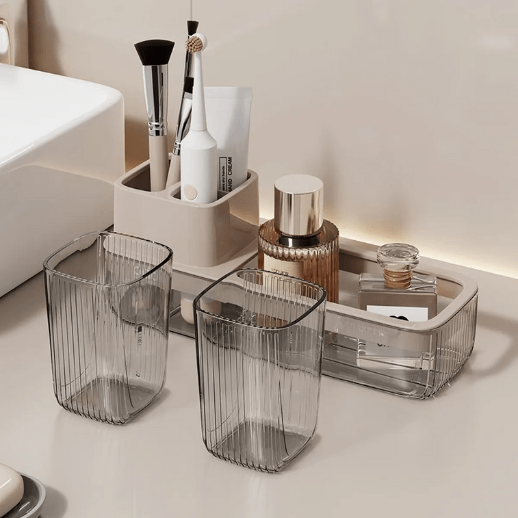 BDO 牙杯牙刷置物架 洗漱杯套装 电动牙刷架牙膏收纳架漱口杯子 透明黑/浅咖 4