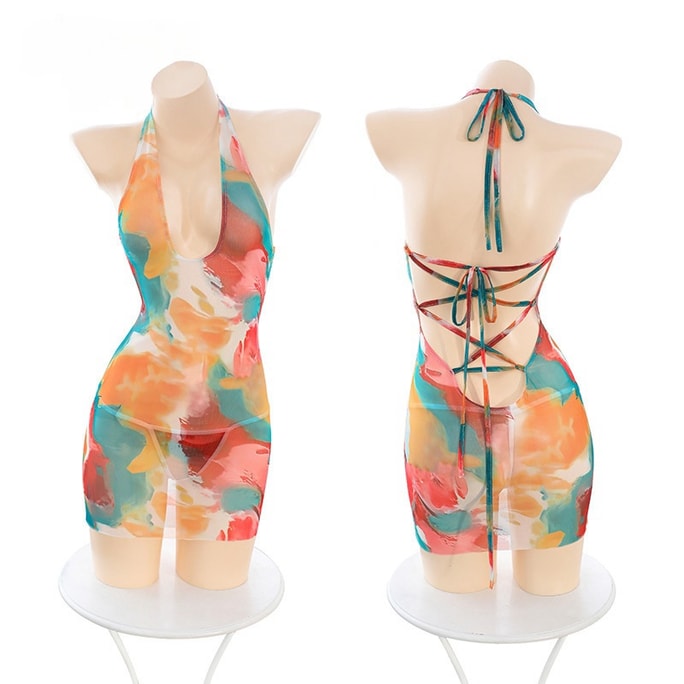 Sexy Lingerie Summer Sexy Bare Back Deep U Blend Printed Dress Printed Color One Size