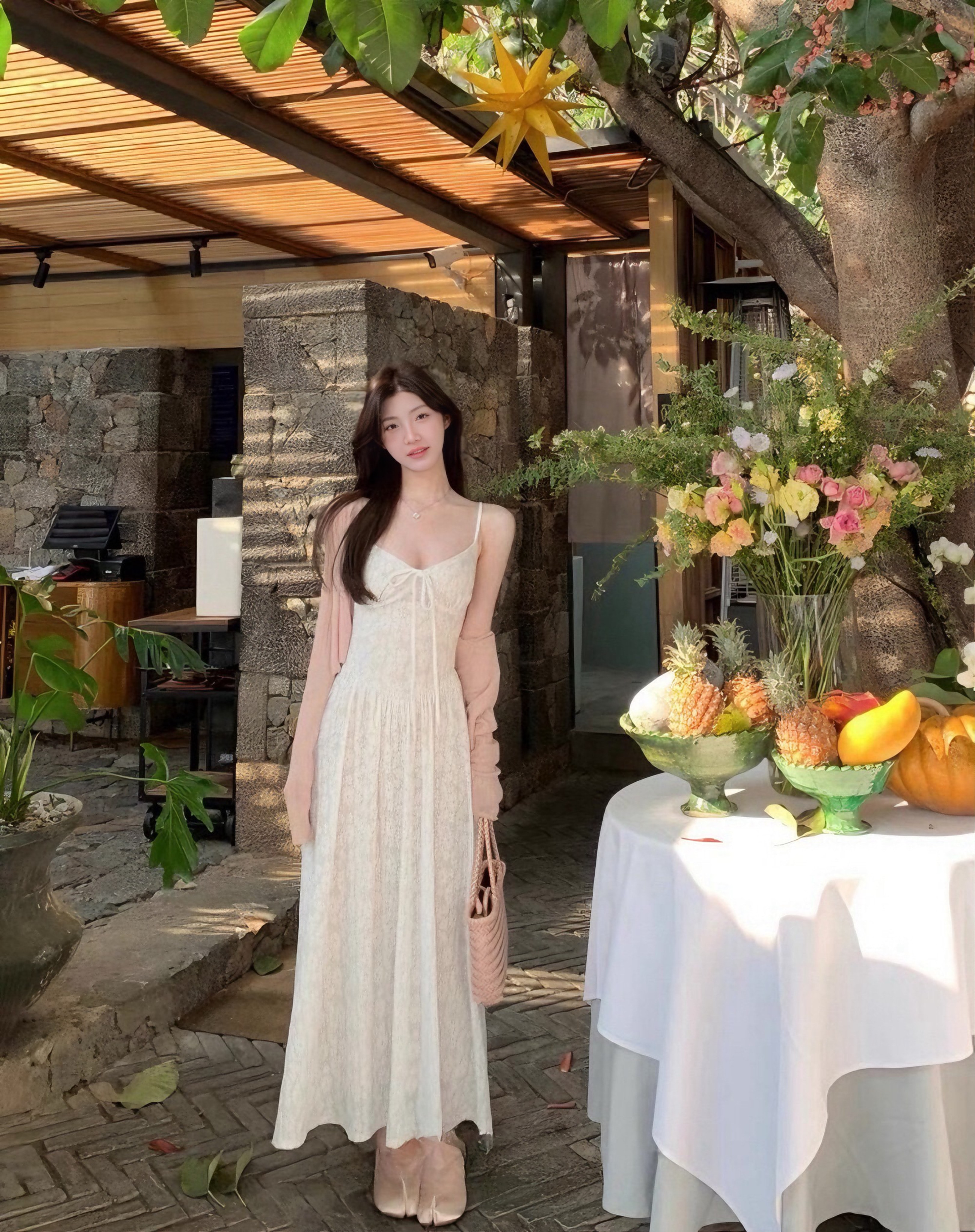 【加拿大直邮】 加拿大 SCENARIO 花漾柔纱蕾丝两件套连衣裙  S-M码 奶油色 乳白色 S