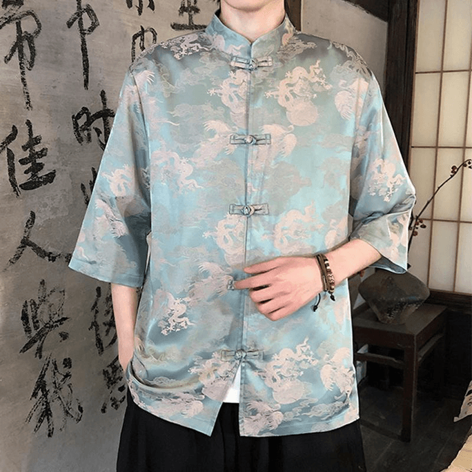 【中国直邮】 ASIS 新中式冰丝提花盘扣立领中袖唐装汉服-蓝色 M
