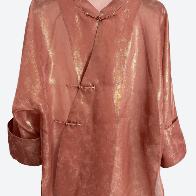 Pink Mulberry Silk Shimmer Brocade Floral Jacquard Blouse XL Size