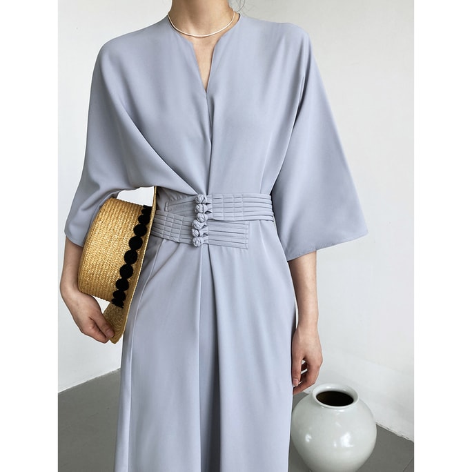 New Buckle Waist Strap Straight Tube Long Dress In Haze Blue S