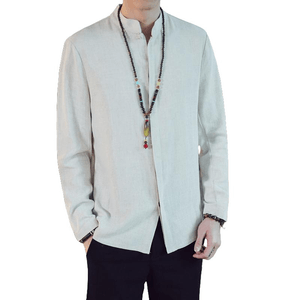 ASIS 中国風の綿と麻のボタンダウン唐服と漢服シャツ - ホワイト XL