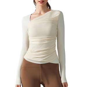 [중국에서 온 다이렉트 메일] Dashu 슬랜트 칼라 요가 긴팔 티셔츠 메쉬 스플라이스와 가슴 패드 착용 없음 브라 슬리밍 스포츠 탑 라이트 아이보리 M 사이즈