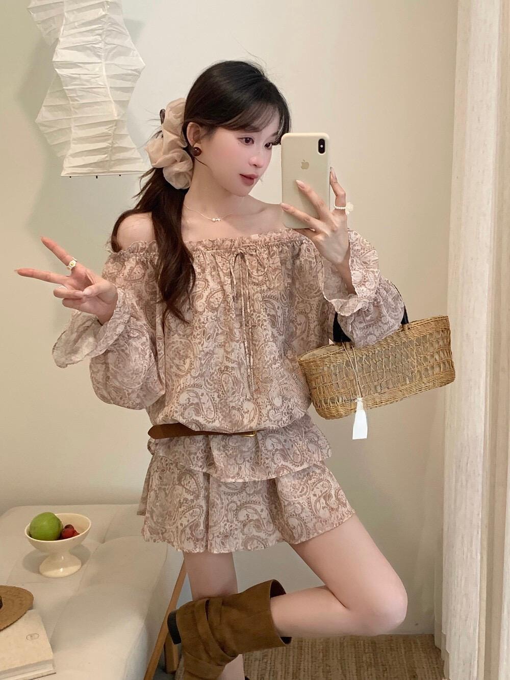 【加拿大直郵】 加拿大 SCENARIO 洛澤爾佩斯利印花(上衣+短裙+腰帶)三件套 均碼 米色