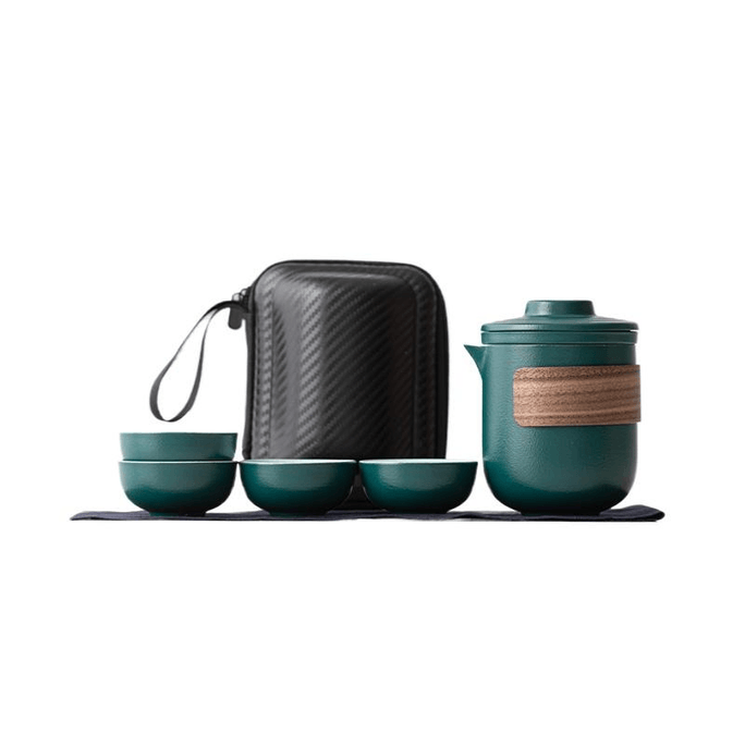 Portable Travel Ceramic Tea Set Outdoor Set Dark Green One Pot Four Cups 11.7CM