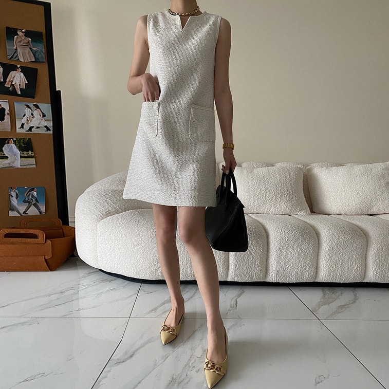 Full Sequin Embroidery Classic H Cut Tweed French Sleeveless Dress Tweed Style Off White M 4