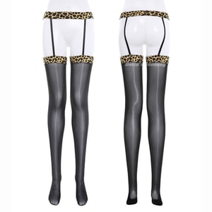 美國Bella's Fantasy 女士豹紋極光吊帶高級絲襪 高密油亮包芯絲細閃黑色性感蹦迪連身襪 黑色 均碼