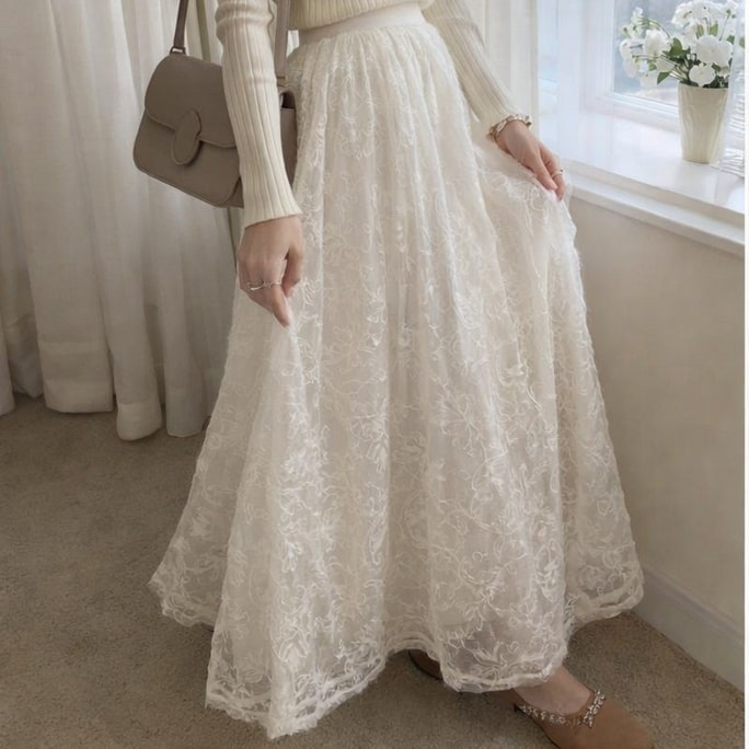 [캐나다 직배송] 시나리오 레이스 디자인의 우아한 미디 스커트, 화이트, 프리사이즈