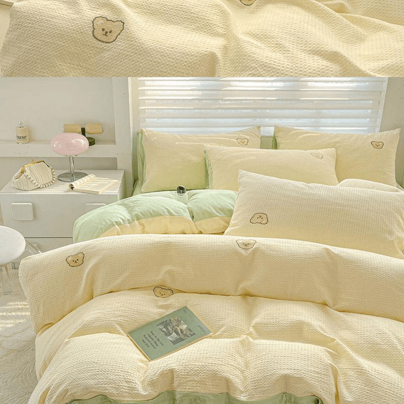 【中国直邮】 Lullabuy 华夫格小熊刺绣纯棉床上四件套(床笠款) 黄绿色-Queen
