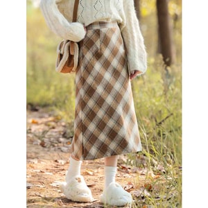 New Plaid Woolen High Waisted Skirt With Color Grid Pattern S