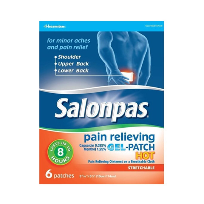 Salonpas 통증 완화 젤 패치, 핫, 신축성, 6개, 3 1⁵/₁₆”x5 ½''