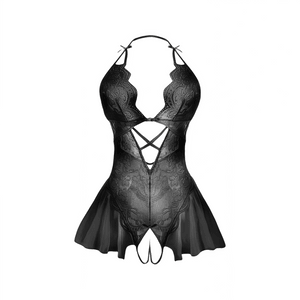[Year's Hottest Item] French Lace Sheer Lingerie Bodysuit with Front-Closure and Open Crotch - Black - One Piece