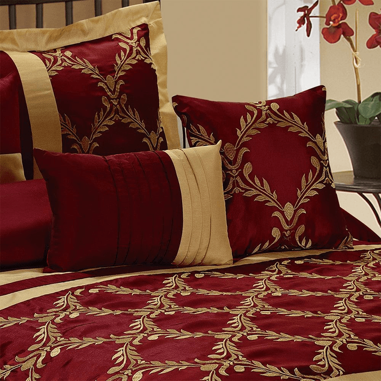 7 Piece Luxury Bedding Collection Burgundy Gold Embroidered Comforter Set Burgundy / Queen 3