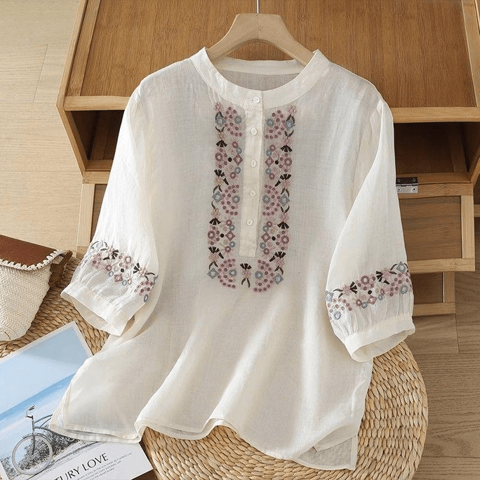 Chinese Style Cotton and Linen Embroidered Half Sleeve Loose T Shirt Tops White M