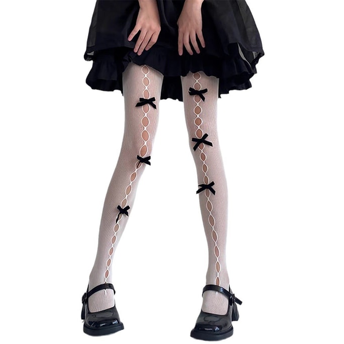 New Ins Sweet Girl Checkered Velvet Handmade Bow Hollow Hole Mesh Socks White 1 Pair Set