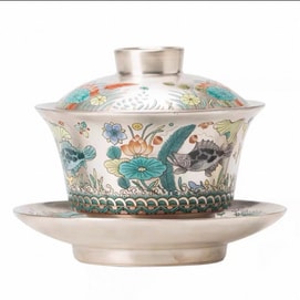 【中国直邮】 京真堂 景德茶具 盖碗 材质银 产地 瓷都德化 口径10.4cm高9.8cm 容量160mlx6