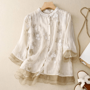 Chinese Style Ramie Embroidered Spliced Blouse Shirt 2XL