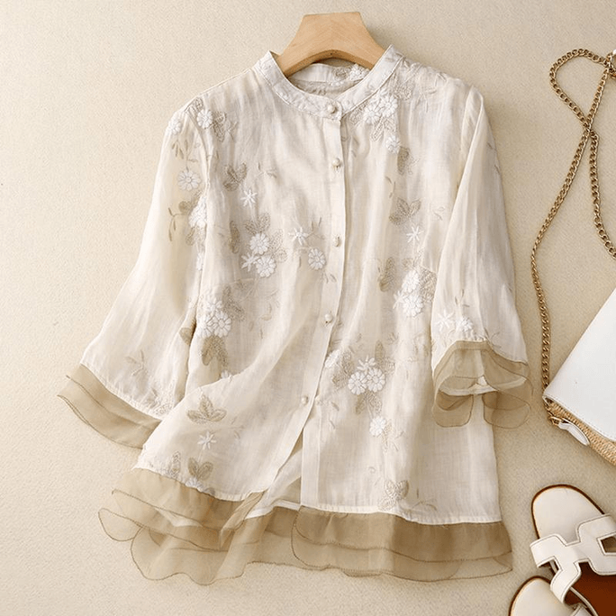 Chinese Style Ramie Embroidered Spliced Blouse Shirt M