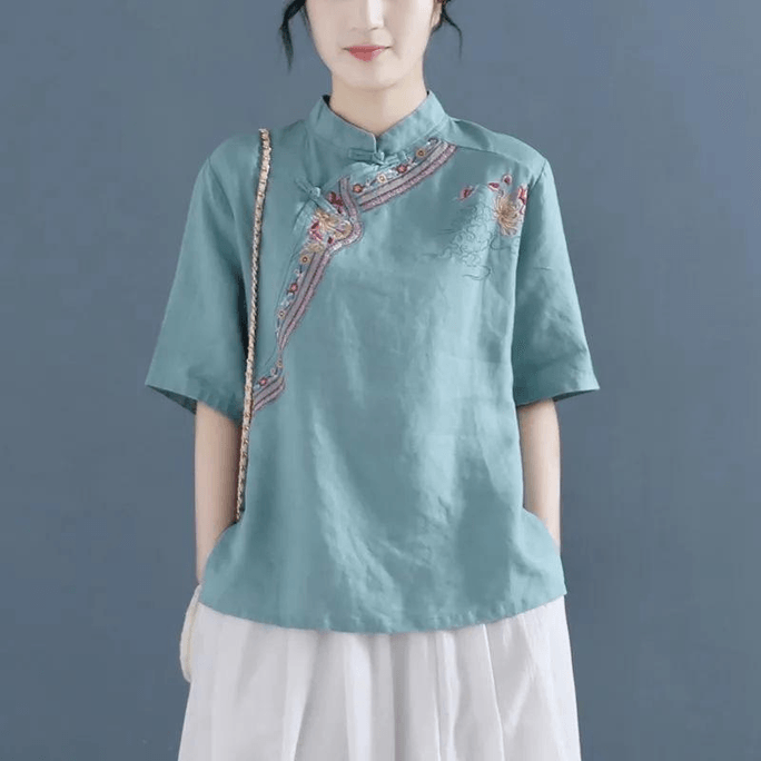 Chinese Style Knot Rutton Embroidery Short Sleeve Blouse Tops Green M