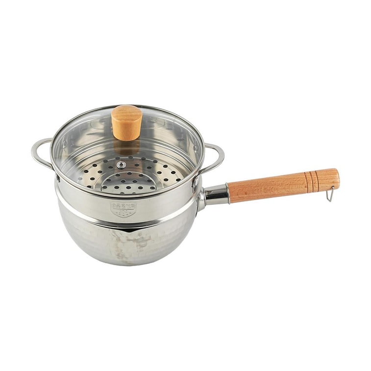 YUKIRO 日式锤纹不锈钢雪平锅 一人食蒸煮两用小奶锅 18cm 附蒸屉和盖子 燃气电磁炉通用 双耳蒸笼随机发货 6