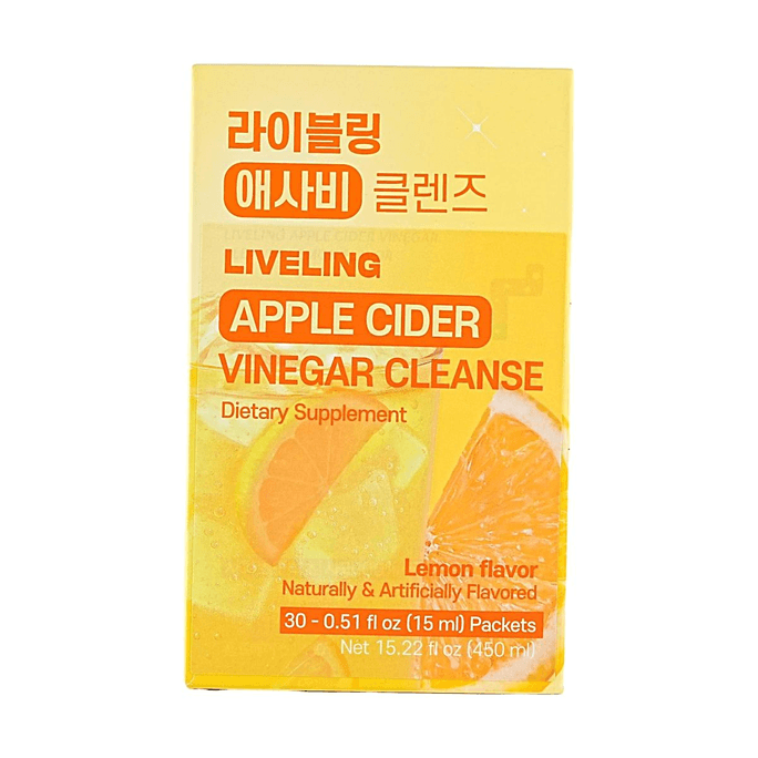 Liveling - 사과 식초 클렌즈, 레몬 맛, 30 스틱, 15.22 fl oz【 무설탕 저칼로리】
