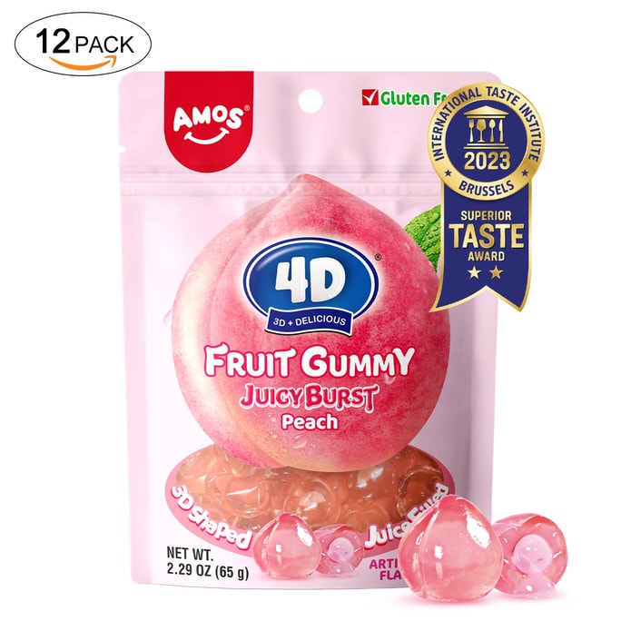 AMOS 4D Gummy Fruit Filled Candy Fruit Snacks Juicy Burst Peach Juice Filled Gummies 2.29Oz Per Bag (12 Bags)