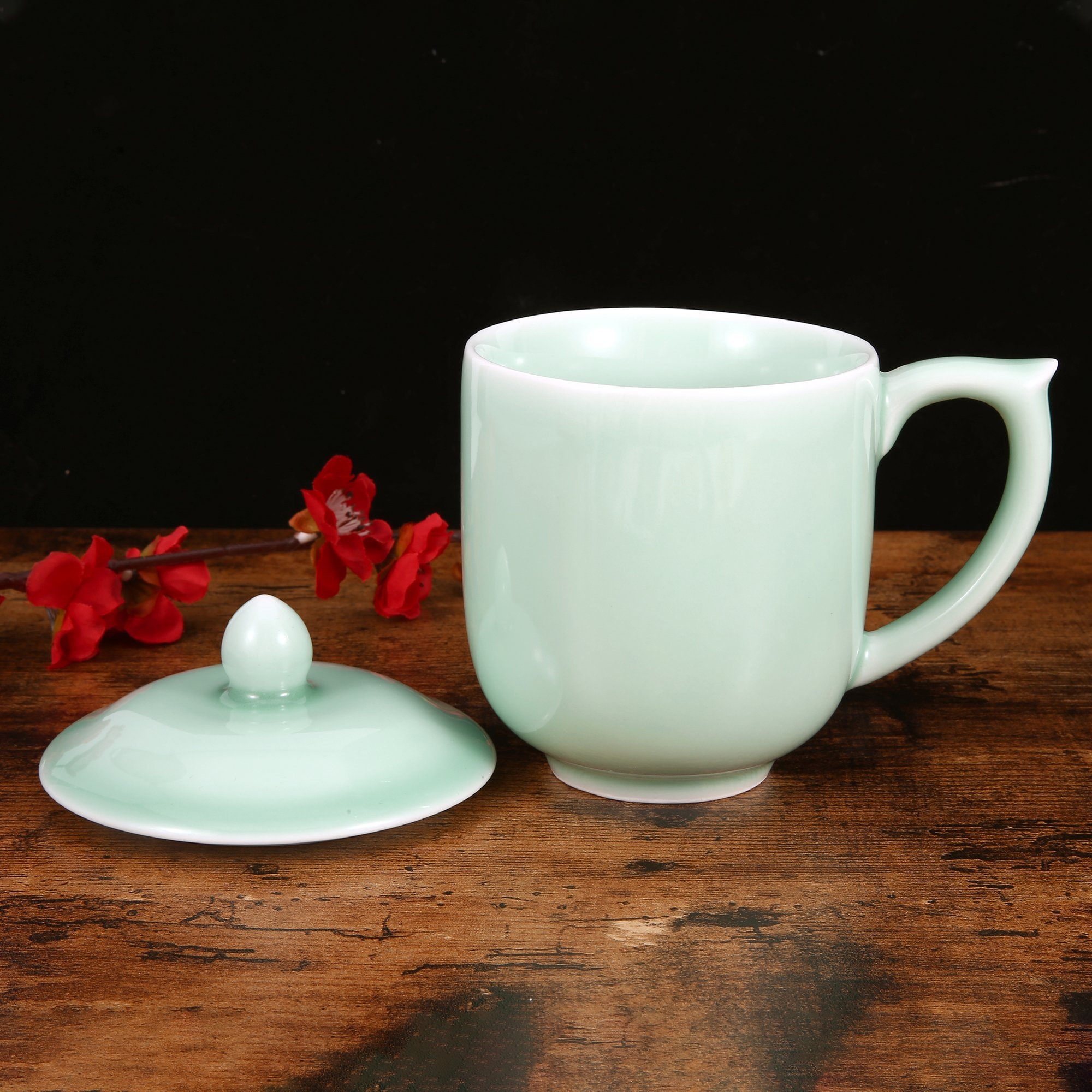 青花瓷茶杯 咖啡杯 牛奶杯 GREEN VALLEY青瓷带盖大帅杯子礼盒 中国龙泉青瓷 世界非物质文化遗产 15盎司水杯 梅子青