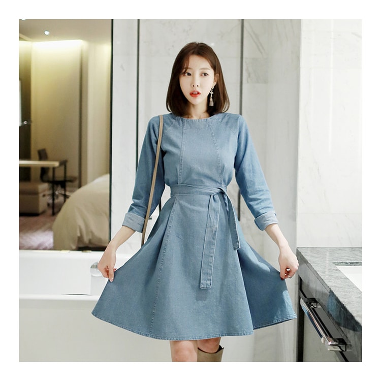 KOREA Denim Flare Dress #Light Blue One Size(S-M) [Free KOREA Denim Flare Dress #Light Blue One Size(S-M) [Free
