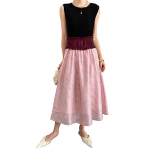 New Acetate Tencel French Patchwork Vest Dress Pink And Black F