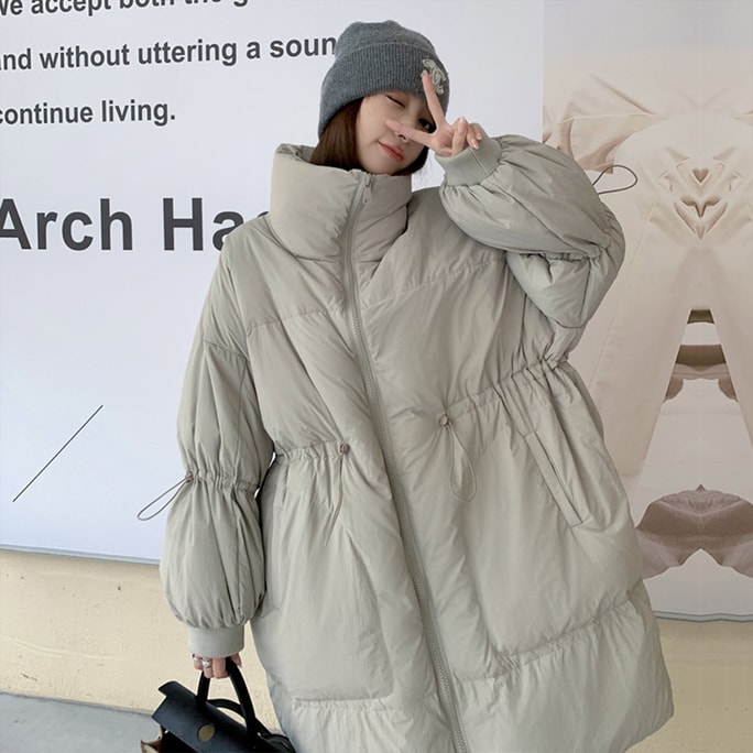 New Solid Color Medium Long White Duck Down Jacket Light Gray M