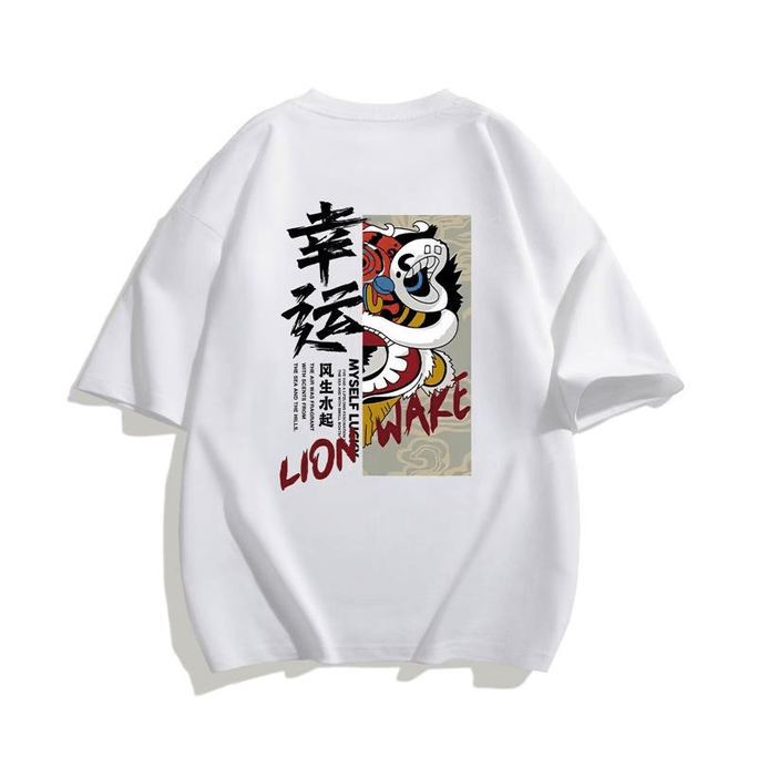 Chinese Style Mens XINYUN Text Print Loose Short Sleeve T Shirt White M
