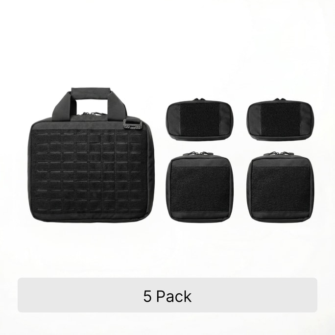 Black Multi-purpose Tactical Range Bag, Handheld & Crossbody, Double-User 5-Pack (Includes 1 Main Bag + 4 Pouches)